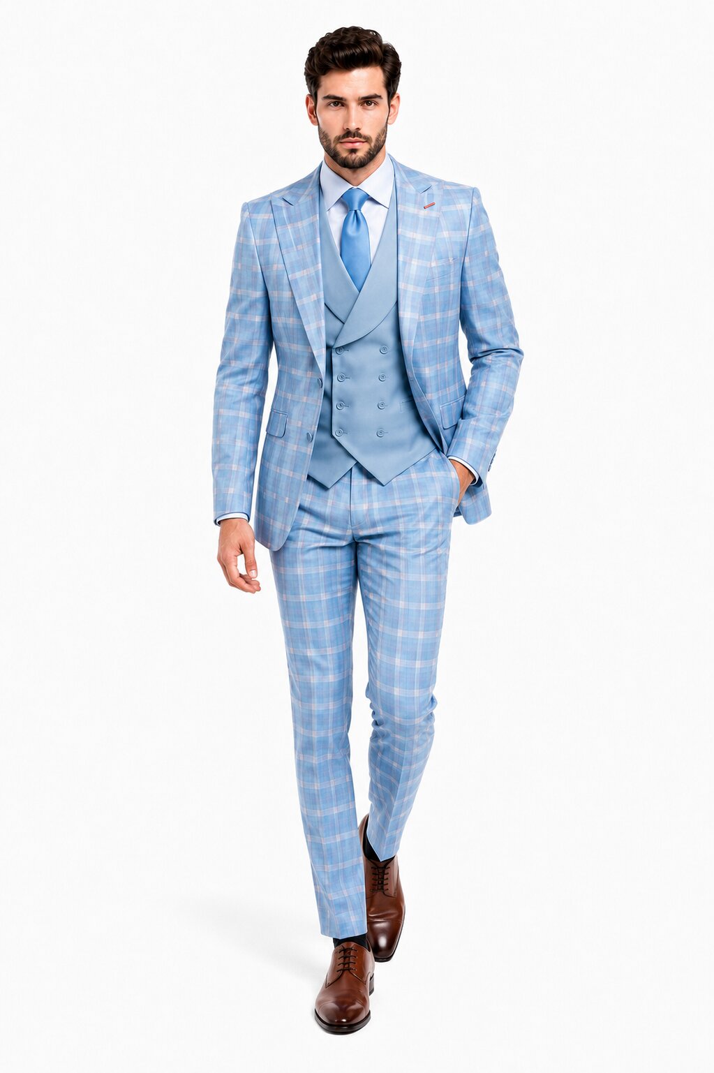 Statement Mens Modern Fit 3 Piece 100% Super 200s Wool Classic Windowpane Suit – Double Breasted Vest