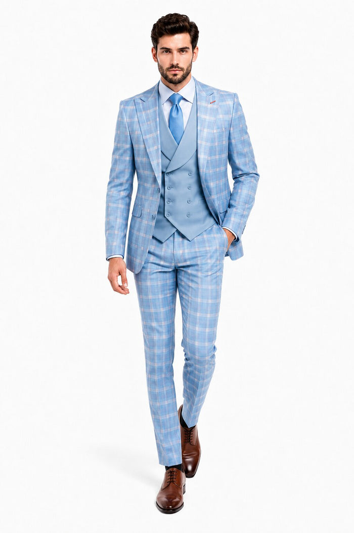 Statement Mens Modern Fit 3 Piece 100% Super 200s Wool Classic Windowpane Suit – Double Breasted Vest