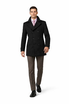 COAT08 Men'S Dress Coat Wool Blend,Broad Lapel High-Buttoned Collars Black Men'S Overcoat/Double Breasted Side Pocket - Image 3