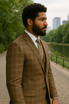 Wool Suit - Italian Made Business Suit by Statement Men's 3 Piece 100% Wool Modern Fit Suit - Sharp Plaid Pattern