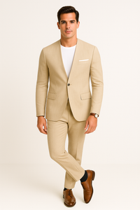 Tan Linen Suit For Summer - Collarless Blazer and Pants Collarless Lapel - No Lapel Casual!