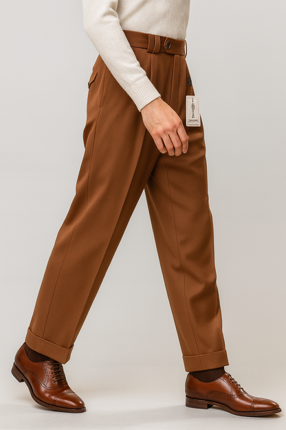 Mens Pant - Pleated Wide Leg - Copper - 100% Percent Wool Fabric