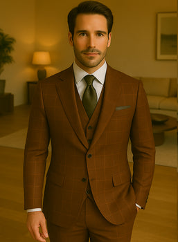 Wool Suit - Italian Made Business Suit by Statement Men's 3 Piece 100% Wool Modern Fit Suit - V-Neck Double Breasted Vest