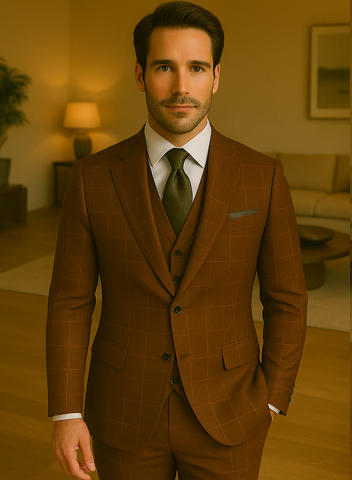 Wool Suit - Italian Made Business Suit by Statement Men's 3 Piece 100% Wool Modern Fit Suit - V-Neck Double Breasted Vest