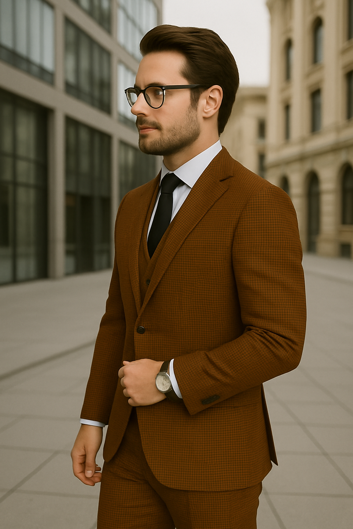 Wool Suit - Italian Made Business Suit by Statement Men's 3 Piece 100% Wool Suit - Micro Checker Pattern Modern Fit