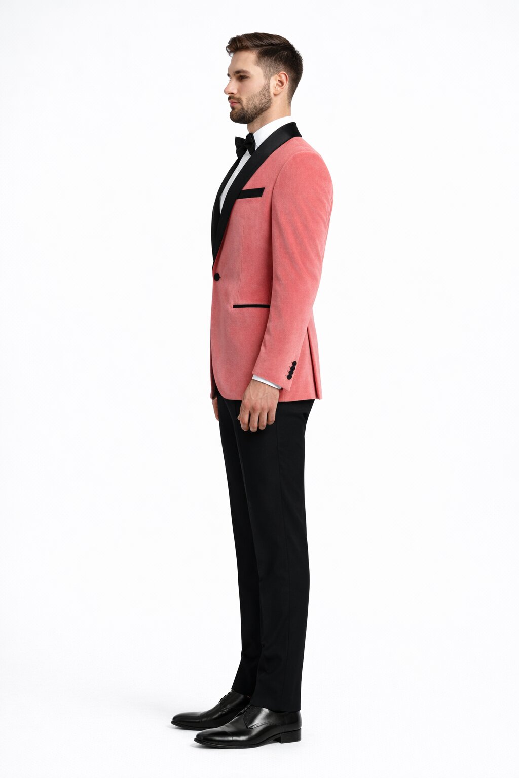 Men’s Coral Pink Tuxedo Jacket with Black Satin Shawl Lapel Velvet Fabric – Modern Slim Fit Formal Blazer