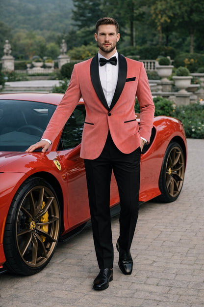 Men’s Coral Pink Tuxedo Jacket with Black Satin Shawl Lapel Velvet Fabric – Modern Slim Fit Formal Blazer