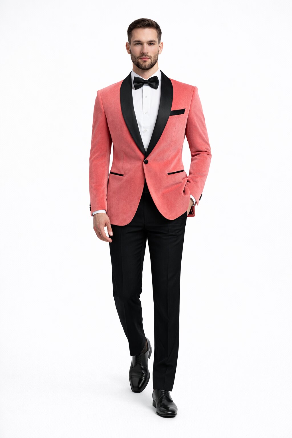 Men’s Coral Pink Tuxedo Jacket with Black Satin Shawl Lapel Velvet Fabric – Modern Slim Fit Formal Blazer