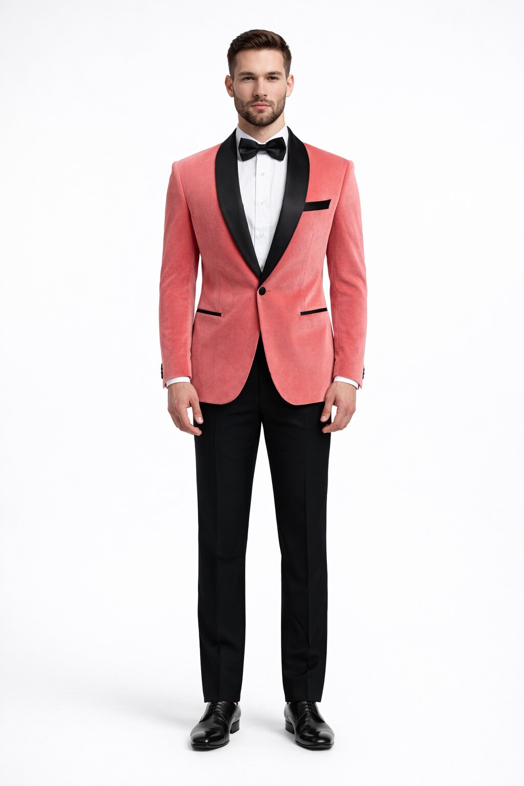 Men’s Coral Pink Tuxedo Jacket with Black Satin Shawl Lapel Velvet Fabric – Modern Slim Fit Formal Blazer