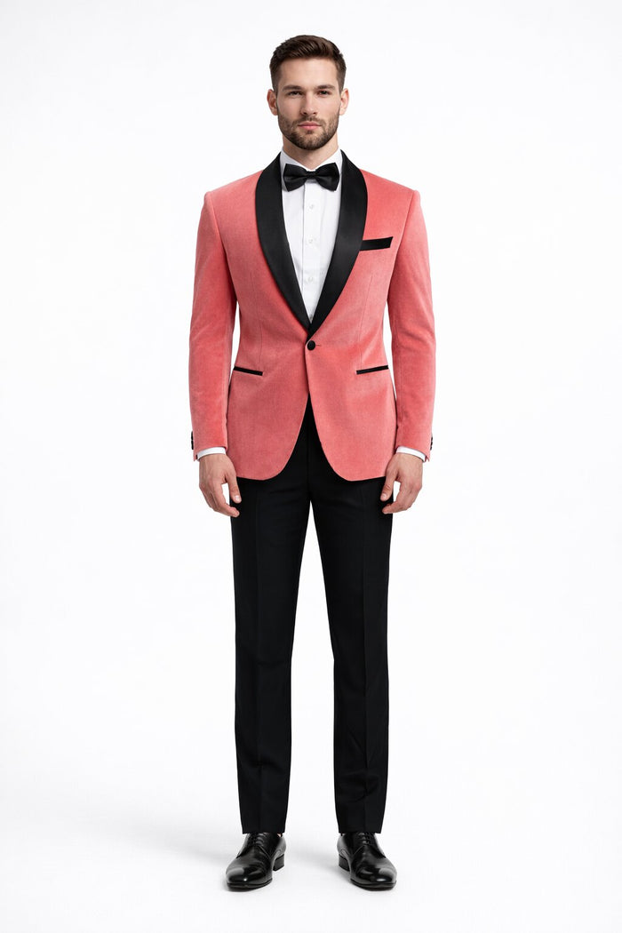 Men’s Coral Pink Tuxedo Jacket with Black Satin Shawl Lapel Velvet Fabric – Modern Slim Fit Formal Blazer