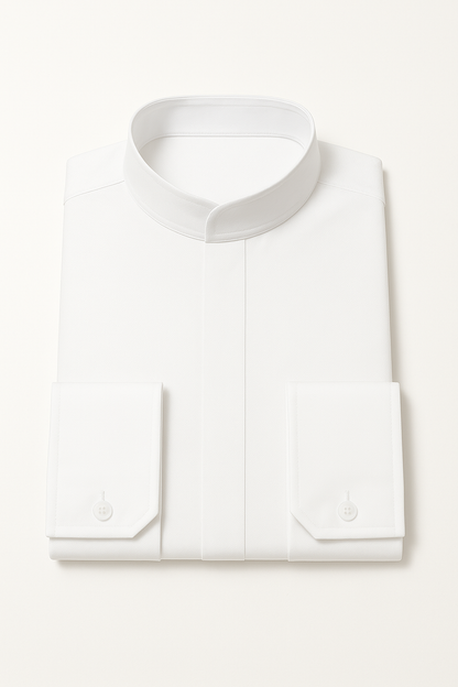 Men's Fashion Hidden Button French Cuff Mandarin Collarless Preacher Round Style Men's Dress Shirt - Image 4
