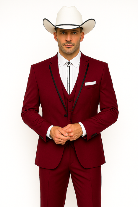 SKU#JA60892 Country Tuxedos For Weddings Mens Traje Vaquero Suit - Burgundy Tuxedo