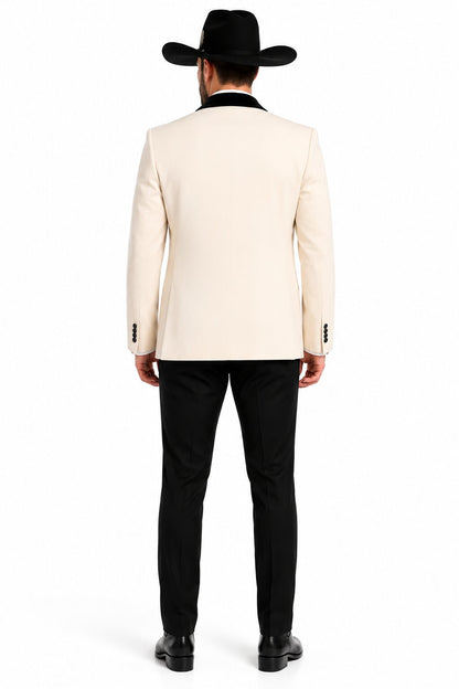 Mens Western Tuxedo Suit – Cream Cowboy Blazer with Black Velvet Vest and Satin Shawl Lapel