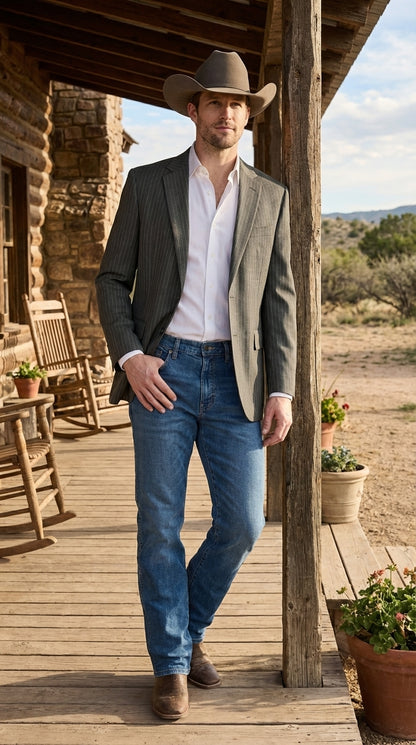 Mens Charcoal Gray Pinstripe Western Blazer – Classic Cowboy Style Jacket for Business, Formal and Smart Casual Wear