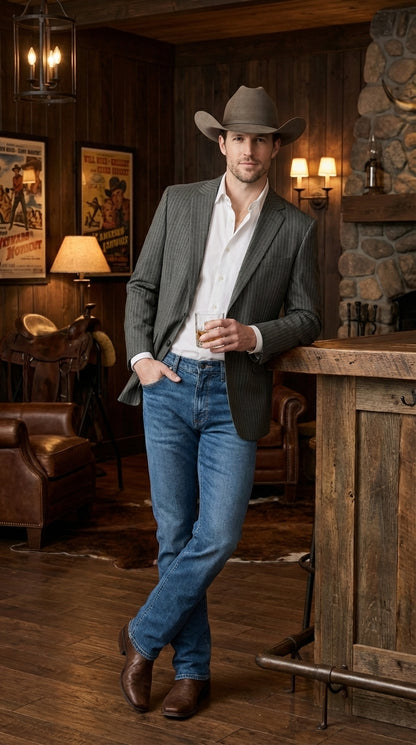 Mens Charcoal Gray Pinstripe Western Blazer – Classic Cowboy Style Jacket for Business, Formal and Smart Casual Wear