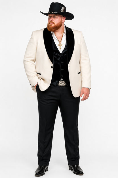 Mens Western Tuxedo Suit – Cream Cowboy Blazer with Black Velvet Vest and Satin Shawl Lapel