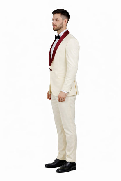 Men's Cream  Ivory One Button Cheap Priced Designer Fashion Dress Casual Blazer On Sale Burgundy Shawl Lapel Blazer - Image 3