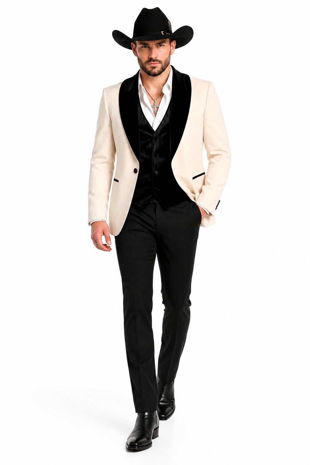 Mens Western Tuxedo Suit – Cream Cowboy Blazer with Black Velvet Vest and Satin Shawl Lapel