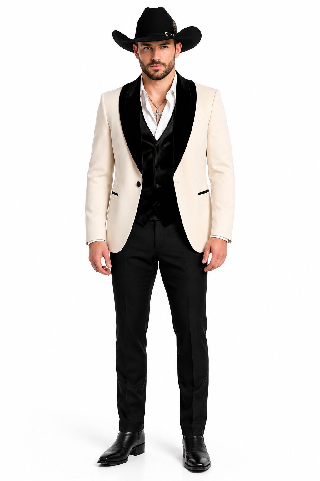 Mens Western Tuxedo Suit – Cream Cowboy Blazer with Black Velvet Vest and Satin Shawl Lapel