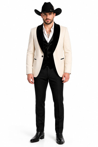 Mens Western Tuxedo Suit – Cream Cowboy Blazer with Black Velvet Vest and Satin Shawl Lapel