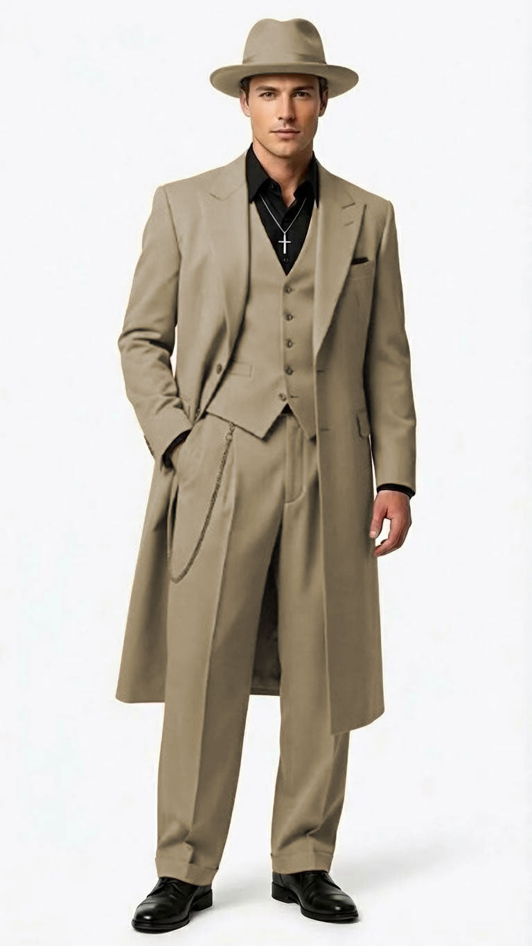 Men’s 1920s Beige Zoot Suit – Long Mafia Gangster Three-Piece Suit in Tan Khaki Color 40 inch Zuit Pachuco Suit