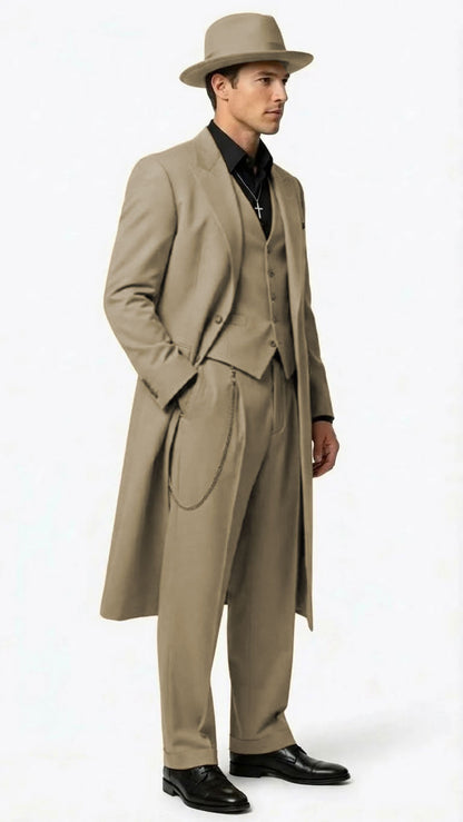 Men’s 1920s Beige Zoot Suit – Long Mafia Gangster Three-Piece Suit in Tan Khaki Color 40 inch Zuit Pachuco Suit