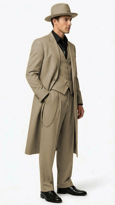 Men’s 1920s Beige Zoot Suit – Long Mafia Gangster Three-Piece Suit in Tan Khaki Color 40 inch Zuit Pachuco Suit