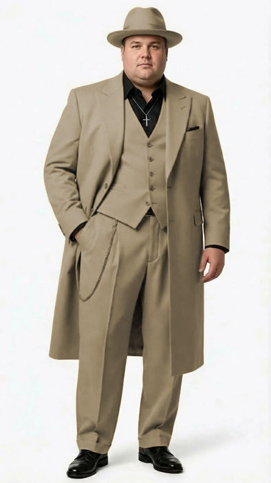 Men’s 1920s Beige Zoot Suit – Long Mafia Gangster Three-Piece Suit in Tan Khaki Color 40 inch Zuit Pachuco Suit