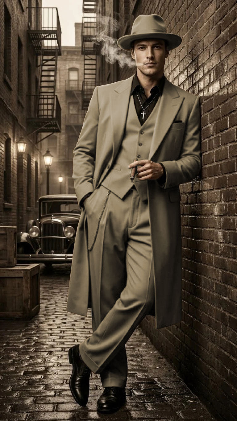 Men’s 1920s Beige Zoot Suit – Long Mafia Gangster Three-Piece Suit in Tan Khaki Color 40 inch Zuit Pachuco Suit