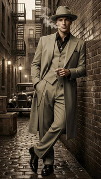 Men’s 1920s Beige Zoot Suit – Long Mafia Gangster Three-Piece Suit in Tan Khaki Color 40 inch Zuit Pachuco Suit