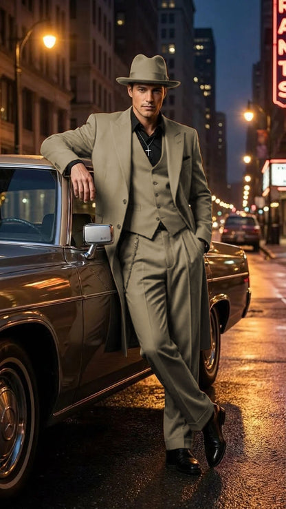 Men’s 1920s Beige Zoot Suit – Long Mafia Gangster Three-Piece Suit in Tan Khaki Color 40 inch Zuit Pachuco Suit