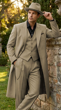 Men’s 1920s Beige Zoot Suit – Long Mafia Gangster Three-Piece Suit in Tan Khaki Color 40 inch Zuit Pachuco Suit