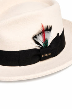 Gangster 100% Australian Wool Crushable Mens Fedora Hat - Removable Feather Gangster White/Black Mens Fedora Hat
