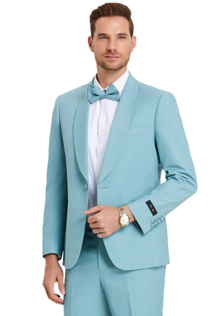 Aqua Turquoise Light Blue Color Men's One Button Shawl Lapel Dinner Jacket Style Wedding Suit in Aqua Blue Modern Fit