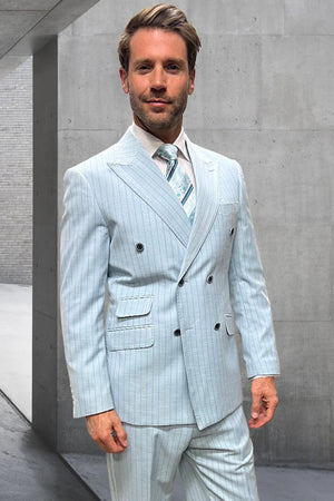 Aqua Turquoise Light Blue Color Men's Designer Double Breasted Summer Wool Suits in Light Aqua Blue Pinstripe