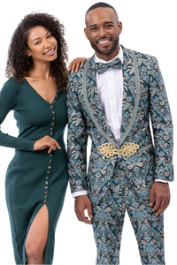 Aqua Turquoise Light Blue Color Men's Designer Turquoise Brocade Floral Print Wedding & Prom Tuxedo with Frog Closure