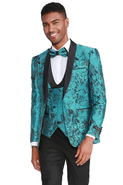 Aqua Turquoise Light Blue Color  Men's Slim Fit One Button Vested Paisley Shawl Lapel Prom Tuxedo in Turquoise