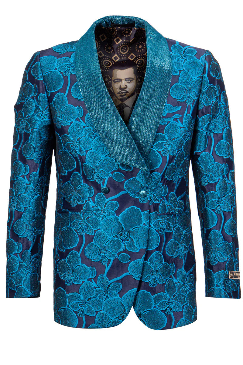 Aqua Turquoise Light Blue Color Men's Double Breasted Shiny Floral Embroidered Tuxedo Dinner Jacket in Turquoise