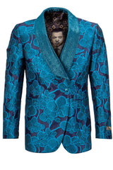 Aqua Turquoise Light Blue Color Men's Double Breasted Shiny Floral Embroidered Tuxedo Dinner Jacket in Turquoise