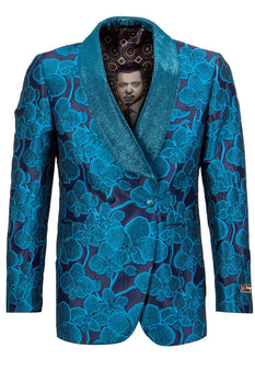 Aqua Turquoise Light Blue Color Men's Double Breasted Shiny Floral Embroidered Tuxedo Dinner Jacket in Turquoise