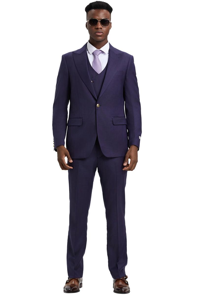 Men's Stacy Adams Vested One Button Side Peak Lapel Pinstripe Suit in Eggplant Purple - Image 2