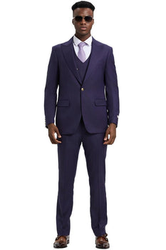 Men's Stacy Adams Vested One Button Side Peak Lapel Pinstripe Suit in Eggplant Purple - Image 2