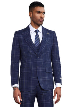 Men's Stacy Adams Vested Two Button Double Windowpane Plaid Suit in Navy