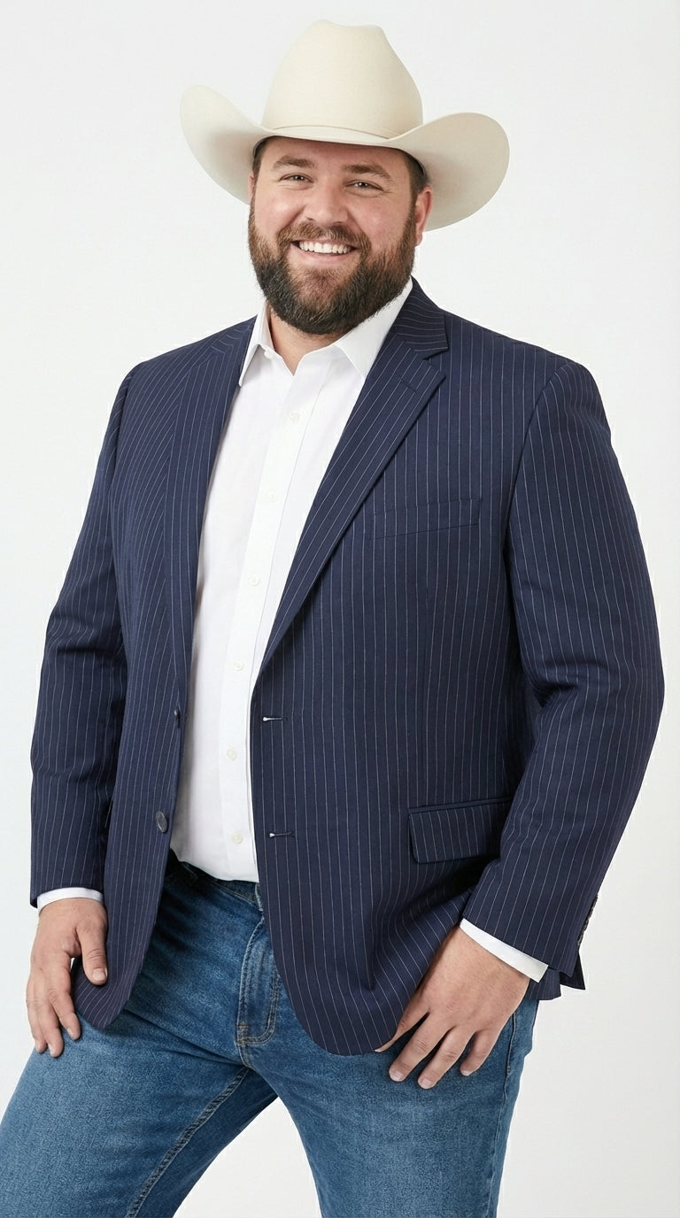 Mens Navy Blue Pinstripe Western Blazer – Classic Cowboy Style Jacket for Business, Formal and Smart Casual Wear