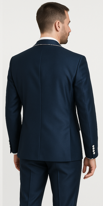 Dark Navy Blue Suit For Men And White Trim Lapel Tuxedo Looking Suit Side Vented Wedding /Prom Fashion