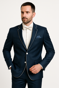 Dark Navy Blue Suit For Men And White Trim Lapel Tuxedo Looking Suit Side Vented Wedding /Prom Fashion