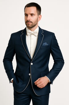 Dark Navy Blue Suit For Men And White Trim Lapel Tuxedo Looking Suit Side Vented Wedding /Prom Fashion - Image 3