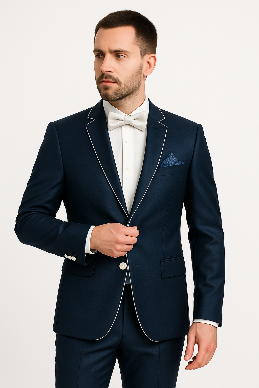 Dark Navy Blue Suit For Men And White Trim Lapel Tuxedo Looking Suit Side Vented Wedding /Prom Fashion - Image 5