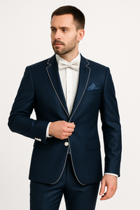 Dark Navy Blue Suit For Men And White Trim Lapel Tuxedo Looking Suit Side Vented Wedding /Prom Fashion
