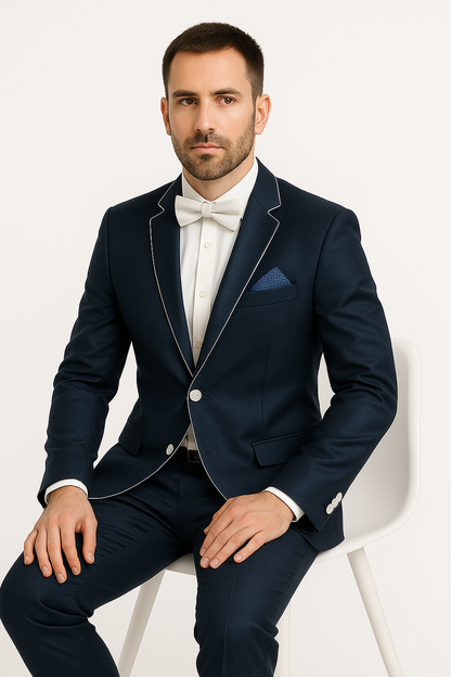 Dark Navy Blue Suit For Men And White Trim Lapel Tuxedo Looking Suit Side Vented Wedding /Prom Fashion - Image 6